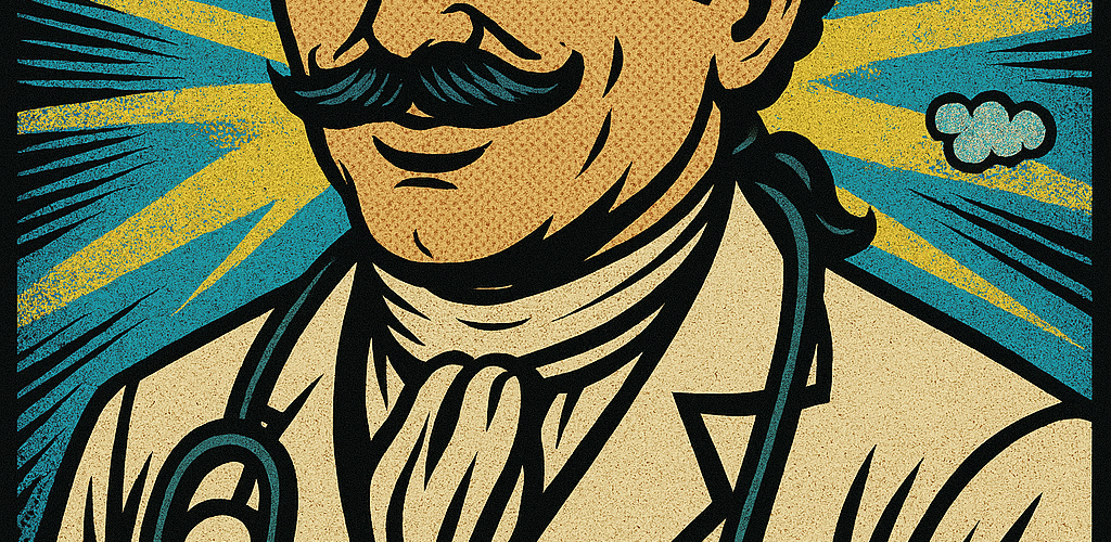 A comic-book style graphic of a French physician of the 1800s in a white coat with a stethoscope around his neck, who represents Prosper Meniere, the doctor who first proposed a theory of what would become Meniere's disease.