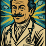 A comic-book style graphic of a French physician of the 1800s in a white coat with a stethoscope around his neck, who represents Prosper Meniere, the doctor who first proposed a theory of what would become Meniere's disease.