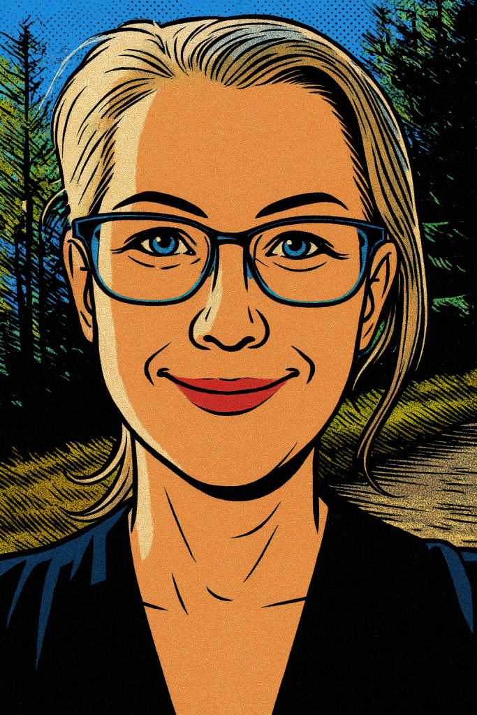A comic-book image of the Dizzy Lady, her blond hair pulled back in a pony tail, and wearing blue glasses and looking toward us