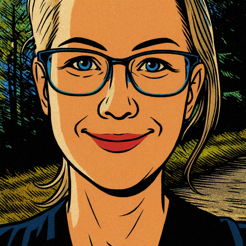 A comic-book image of the Dizzy Lady, her blond hair pulled back in a pony tail, and wearing blue glasses and looking toward us