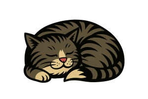 A comic-book image of Scrappy Cat curled up and sleeping soundly
