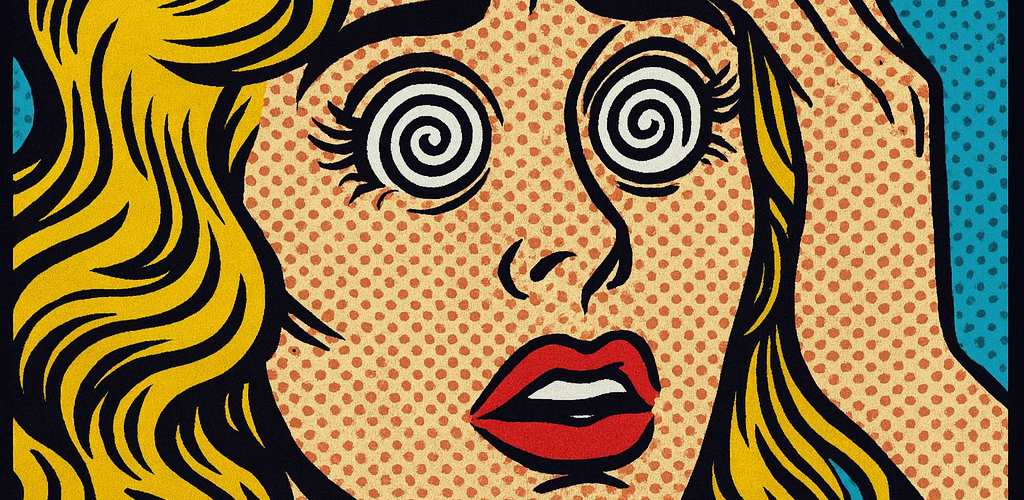 Ménière's disease sufferers are often accused of being drunk. Here is a comic-book image of a dizzy blond woman (headshot) whose eyes are symbols of a vortex with her hand placed against her forehead, as if overwhelmed.