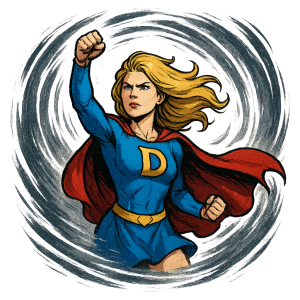 Dizzy Lady Logo represents a superheroine against Meniere's disease rising out of the vortex