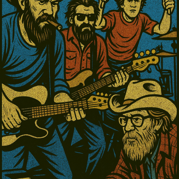 A comic-book style graphic of The Upchuck Boys, Dizzy Lady's backup band, playing live