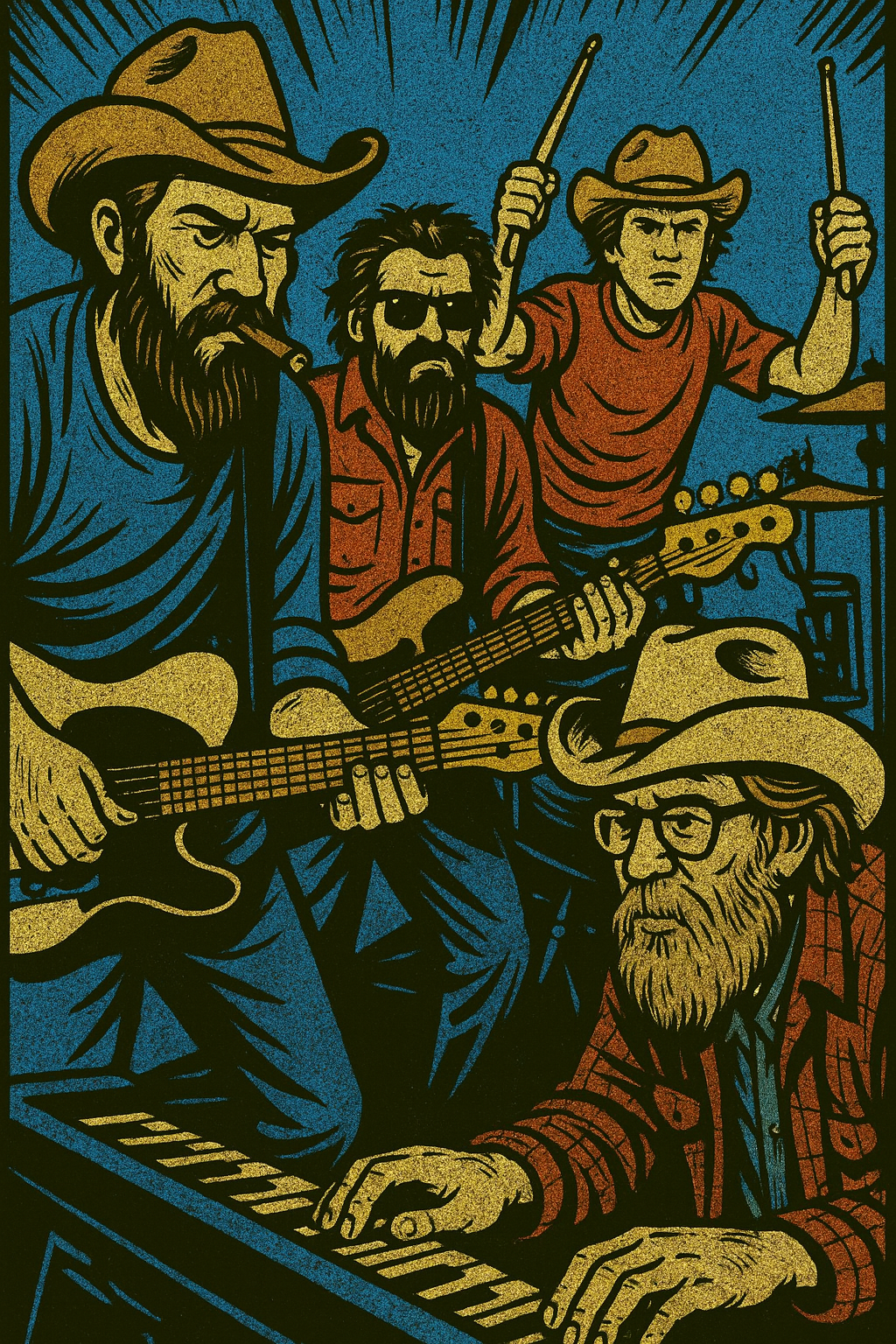 A comic-book style graphic of The Upchuck Boys, Dizzy Lady's backup band, playing live
