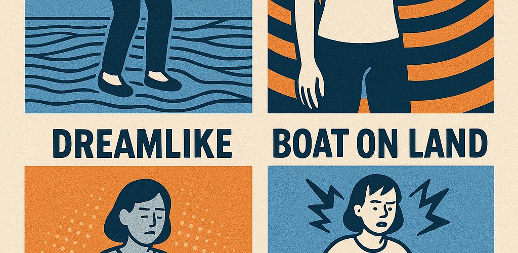 A graphic poster with four quadrants, each one illustrating a person with a symptom of Persistent Postural-Perceptual Dizziness, or PPPD. The upper left quadrant shows a graphic of a wobbly woman and the headline "Static Sway." The upper right quadrant shows a woman holding her head with a vertigo background and a headline, "Visual Overload." The lower left quadrant shows a woman with her eyes closed looking dreamy and a headline "Dreamlike." The lower right quadrant shows a woman who looks unstable with her arms reaching out and the headline "Boat on Land."