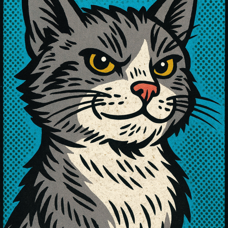 A comic book-style graphic of Scrappy Cat, Dizzy Lady's crusading sidekick